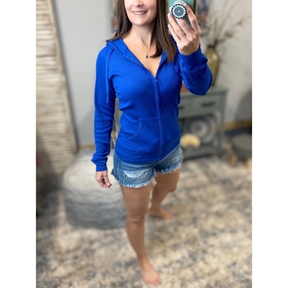 Waffle Thermal Zip Up Hoodie Long Sleeve Drawstring Royal Blue 4821 - Picture 2 of 7